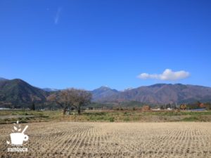 常念岳と2本の桜の木、常念道祖神